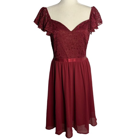 MissMay Retro Lace Chiffon Swing Dress L Wine Red Flutter Sleeve Lined Zip NEW - Picture 2 of 8